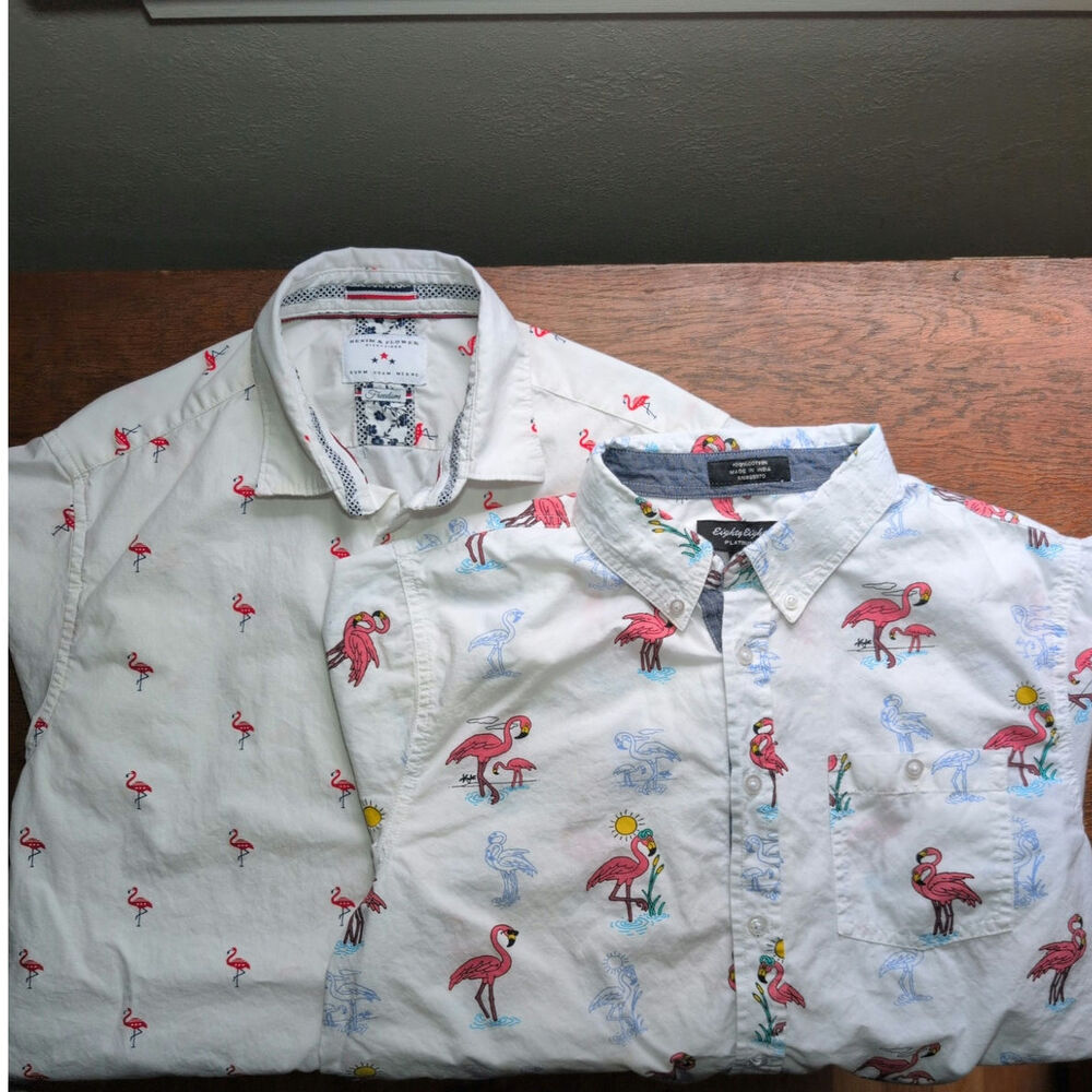 Lot of 2 White Button Up Shirts Mens‎ M Flamingos Resort Cruise Vacation Summer